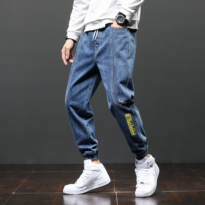 yuansu秋冬牛仔裤男拼接日系青年宽松哈伦裤潮字母印花束脚裤胖子长裤