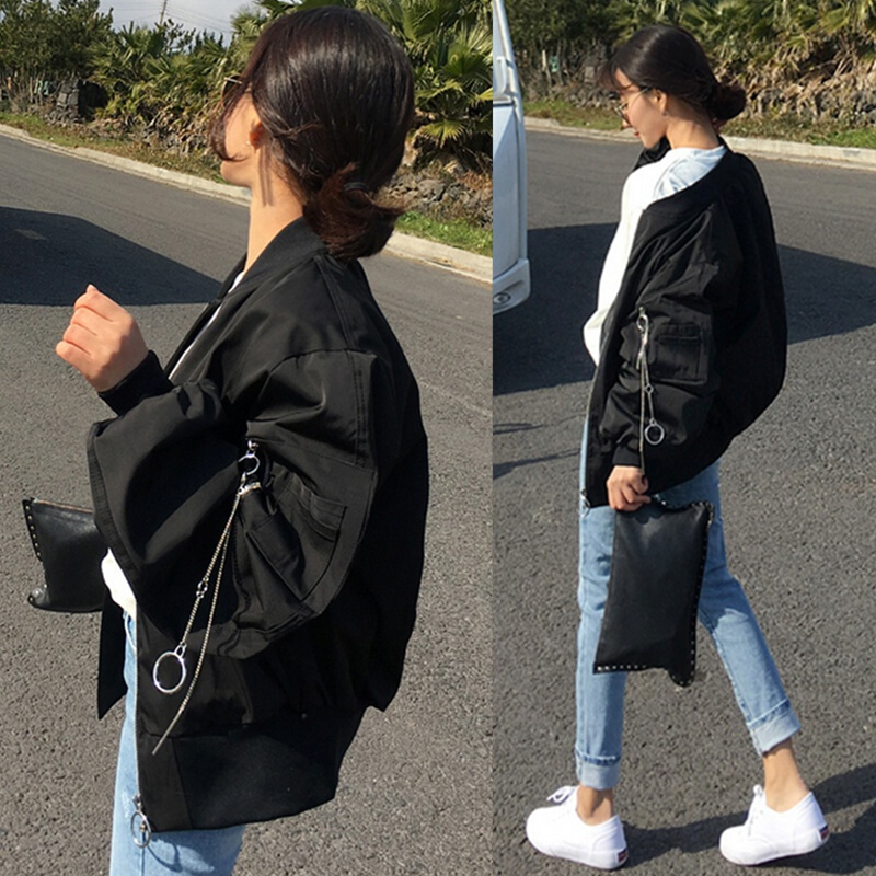 2018春秋季韩版潮宽松短外套女装飞行员夹克衫学生BF风黑色棒球服黑色