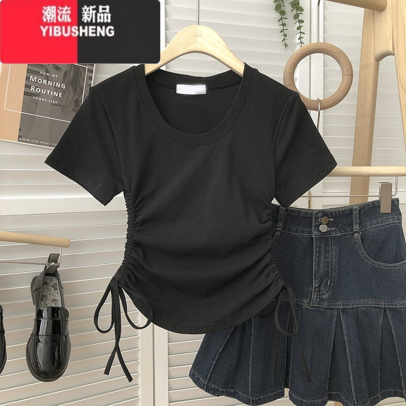 YIBUSHENG双侧边系带褶皱感短袖T恤女2024季新款修身韩版小个子短款上衣