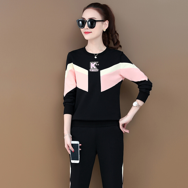 珂卡慕kekamu圆领运动服套装女春秋2020新款时尚潮韩版学生休闲装卫衣