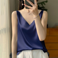 丝绸缎面双肩吊带女背心2025春夏季新修身v领短款气质内搭上衣T恤 XL 藏蓝色