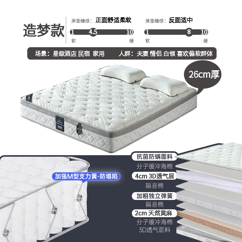 天然乳胶席梦思独立弹簧床垫软硬护脊3E椰棕3D床垫家用经济型1.8m床20cm