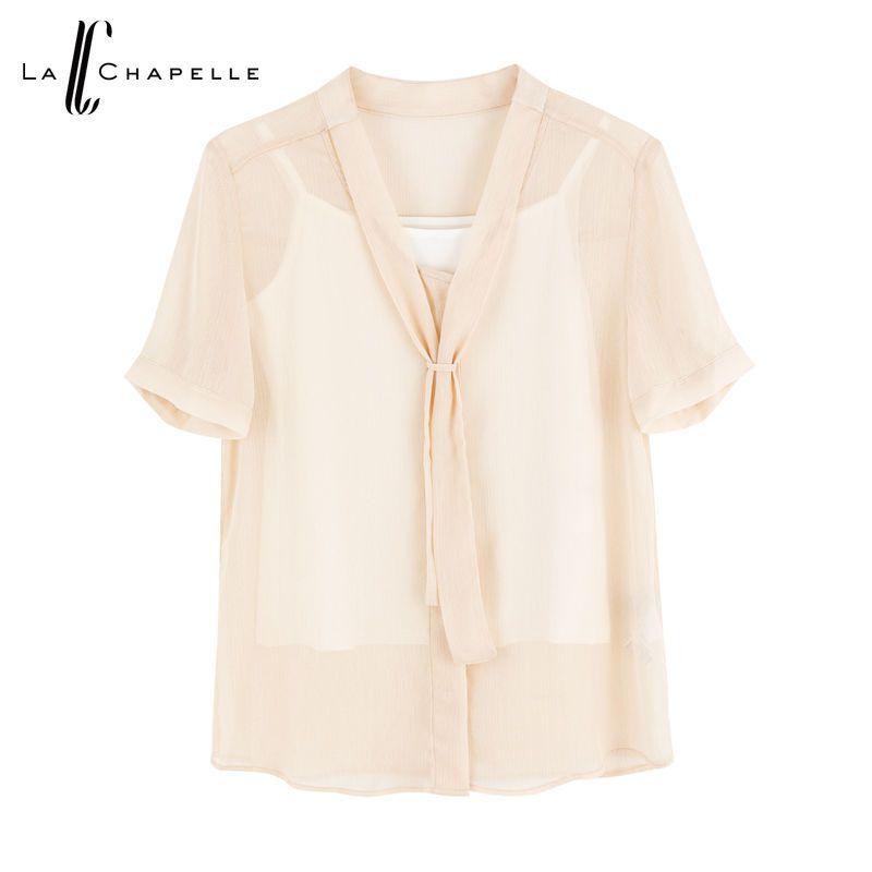 拉夏贝尔拉夏贝尔夏季新款雪纺衫女韩版v领绑带纯色短袖上衣
