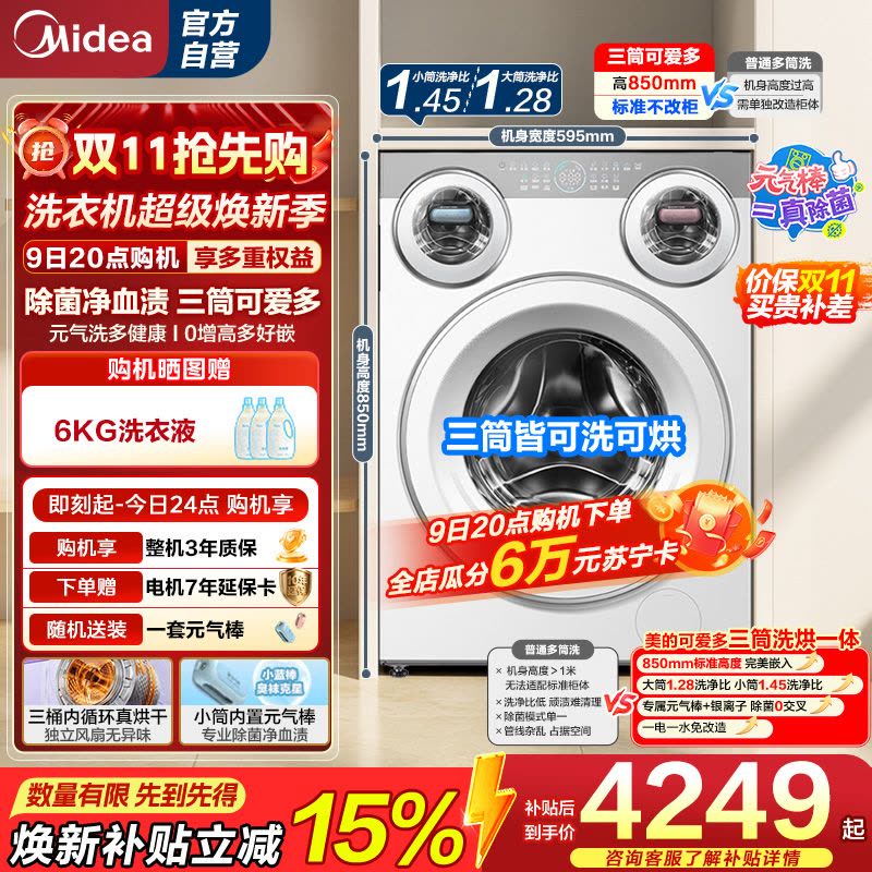 美的(Midea)滚筒洗衣机懒人三筒洗烘一体全自动智能投放850mm标准高度绿标认证 [可爱多MD11DDEX]图片