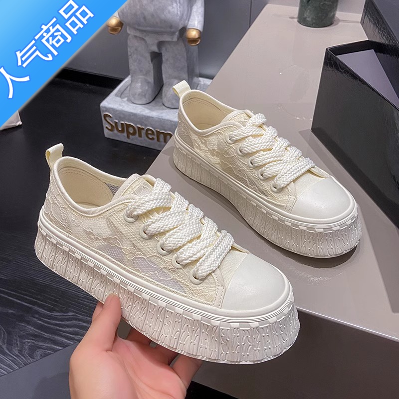 SUNTEK黑色帆布鞋女鞋2023新款夏季薄款透气网面休闲厚底蕾丝饼干鞋高清大图