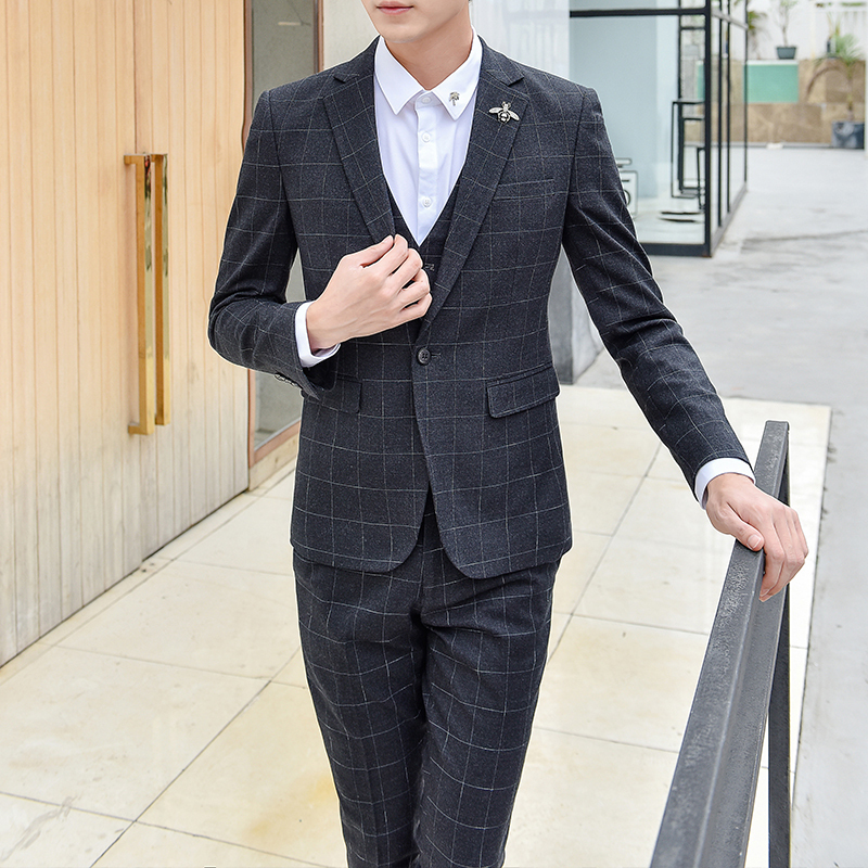 华中铭(huazhongming)男士西服套装男 格子西装三件套 韩版修身帅气
