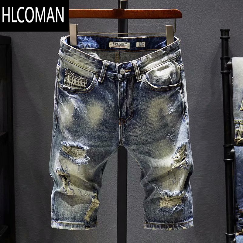 HLCOMAN2025夏季薄款七分破洞牛仔裤男韩版修身乞丐裤潮牌日系复古短裤子