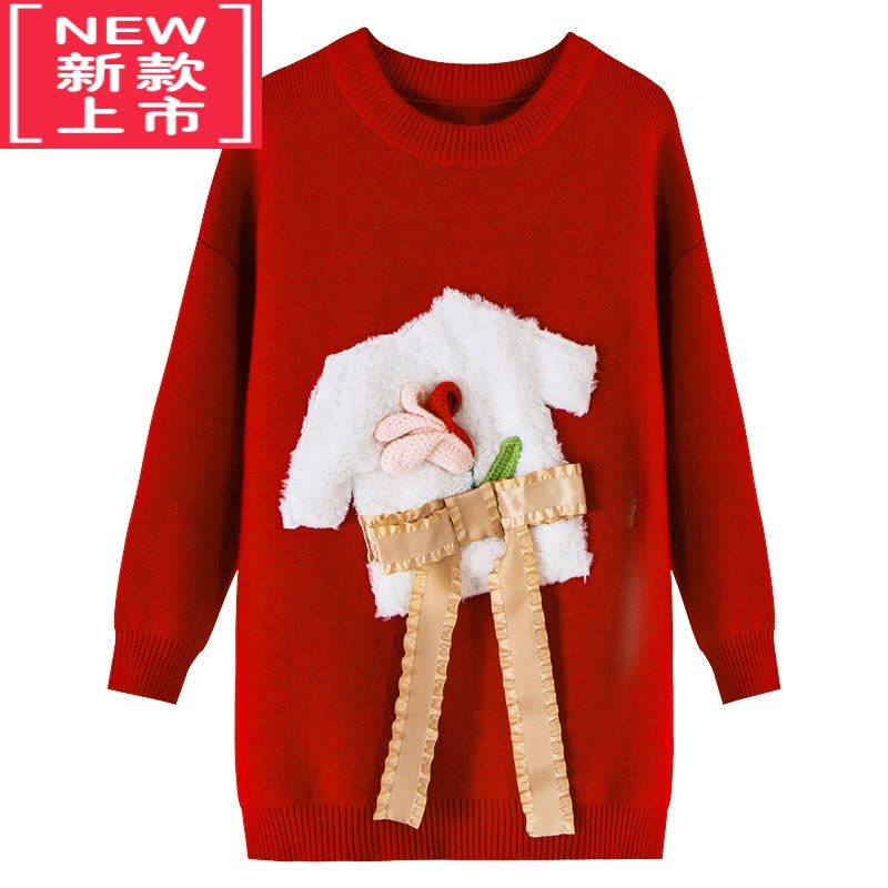 可莉允女童红色连衣裙秋冬款洋气儿童中大童女孩针织衫圣诞新年毛衣裙子图片