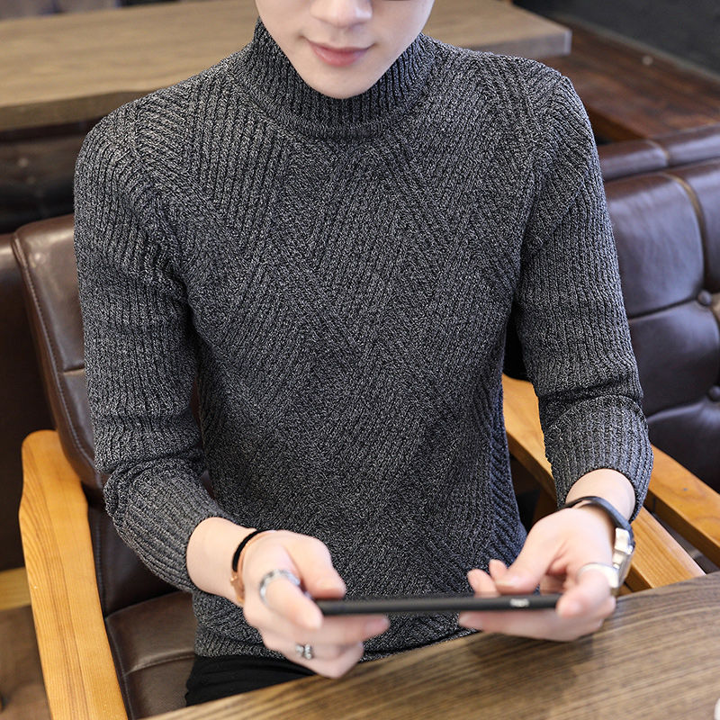 冬季半高领毛衣男士韩版潮流修身加厚针织衫青年毛线衣 深灰色方块 XL建议135斤-145斤
