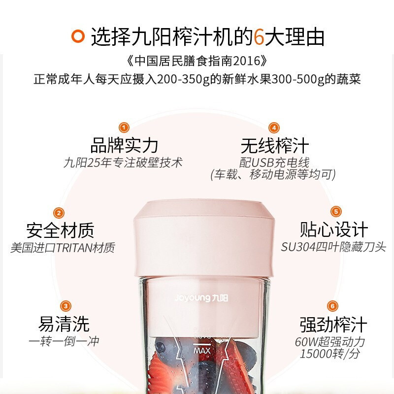 [肖战推荐]九阳(Joyoung)榨汁机 迷你便携果汁机 多功能料理机 双色果汁杯 无线榨汁杯 L3-C9(粉)