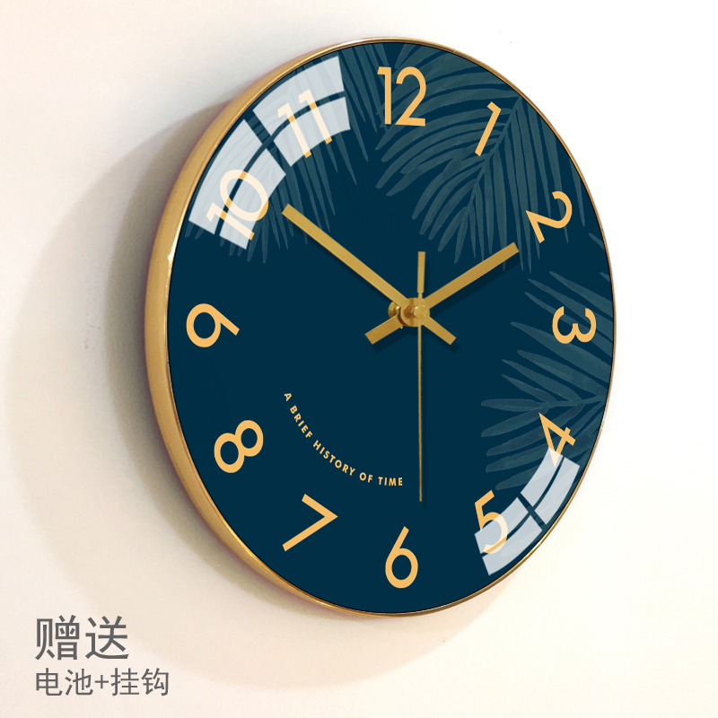 现代挂钟客厅北欧表挂墙家用纳丽雅时尚简约钟表卧室 时钟创意挂 J款-金色边框(带玻璃罩) 12英寸(直径30.5厘米)