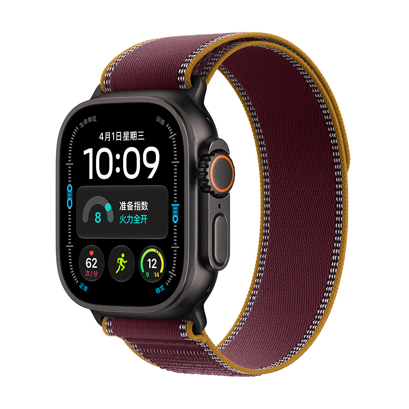 Apple Watch Ultra 4 (GPS + 蜂窝网络) 49毫米黑色钛金属表壳；勃艮第酒红色野径回环式表带-M/L