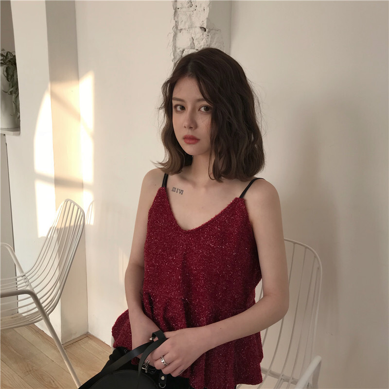 春夏女装韩版百搭V领娃娃衫荷叶边带衫短款外穿打底衫上衣背心红色均码