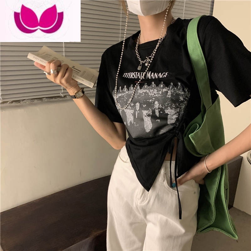 七斓大码胖妹妹复古chic抽绳开叉正肩显瘦短袖T恤女新款酷甜上衣
