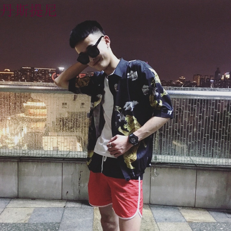 夏季衬衫男短袖碎花韩版修身个性印花五分袖寸衫休闲中袖衬衣潮流