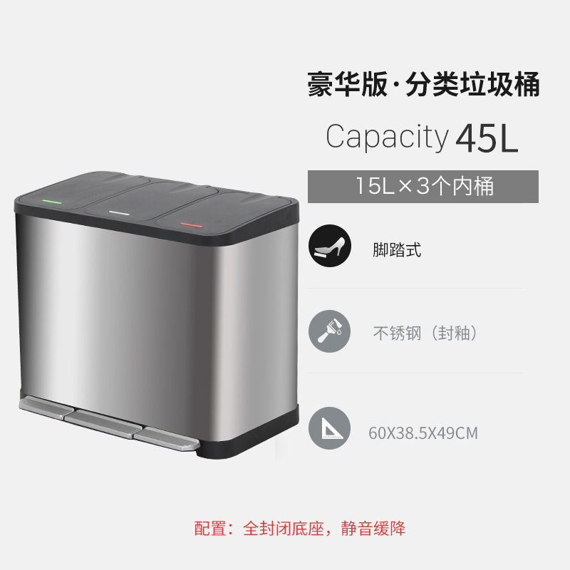 不锈钢垃圾桶户外商用脚踏商场分类轻奢收纳筒客房大号果皮桶 普通版30升(双桶)高清大图