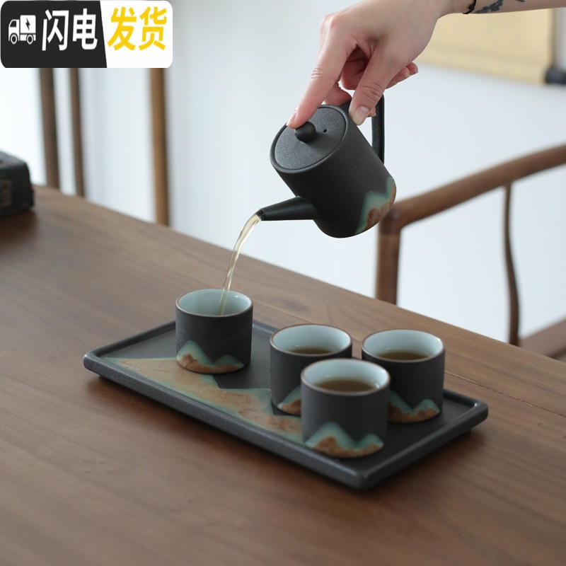 三维工匠日式简约粗陶茶具家用功夫茶具小套装整套家用办公礼品套装 姜黄云梯壶套装 7件高清大图
