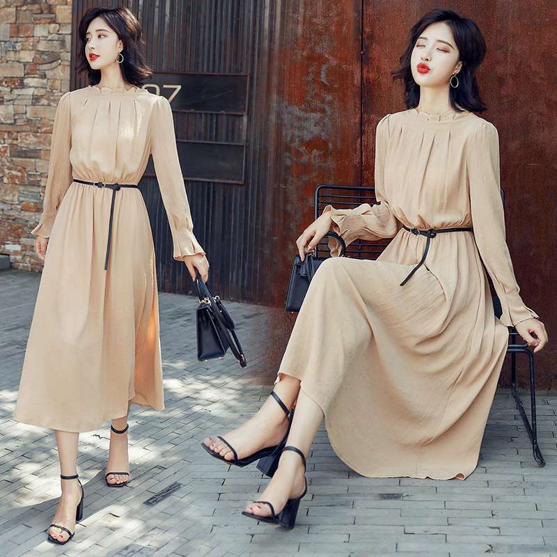 长裙女春秋季女士新品韩版长袖裙子褶皱仙女裙清新淑女气质连衣裙