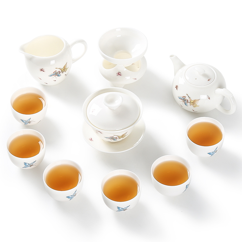 常生源 陶瓷功夫茶具套装 家用泡茶器 羊脂白玉瓷 茶壶盖碗公杯茶漏茶杯整套 蝶韵茶具套组高清大图