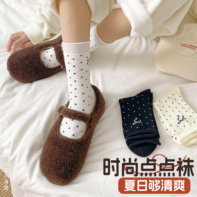 舒跑袜子女款春夏季堆堆袜点点袜中筒蝴蝶结可爱女袜网眼透气舒适亲肤堆堆袜ins日系风