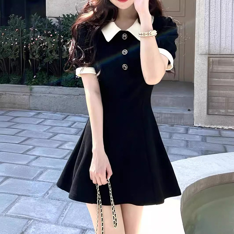 polo领纽扣小黑裙子夏季公主裙插色少女裙翻领高腰短裙A字裙女装_598