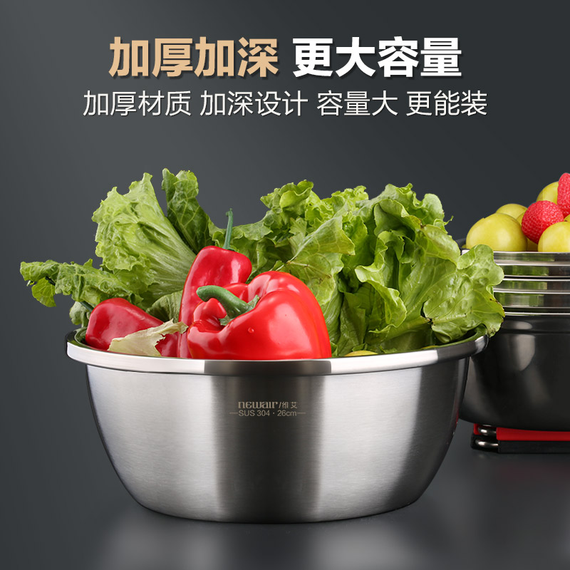 美帮汇304不锈钢盆子加厚加深圆形家用带盖厨房打蛋和面盆洗菜汤盆高清大图