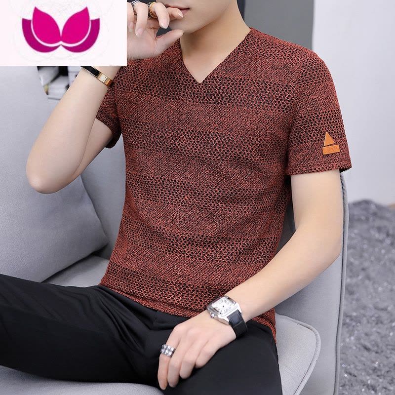 七斓2023夏季新款冰丝镂空男士短袖T恤针织网眼V领半袖小衫薄款体恤潮图片
