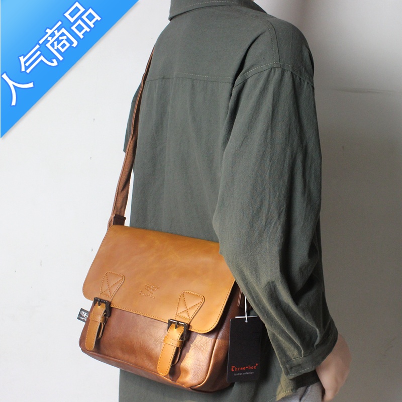 封后threebox潮牌单肩包男斜挎包韩版时尚男士包差男包ipad休闲包 浅棕色
