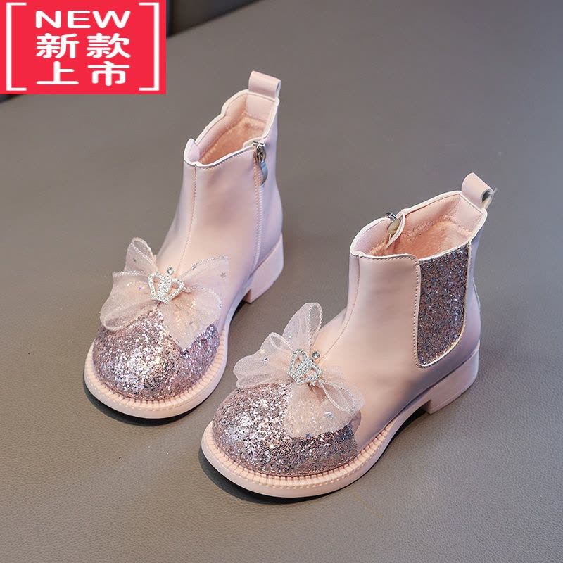 可莉允女童靴子儿童春秋爱莎2022新款宝宝马丁靴冬加绒皮靴公主水晶短靴图片