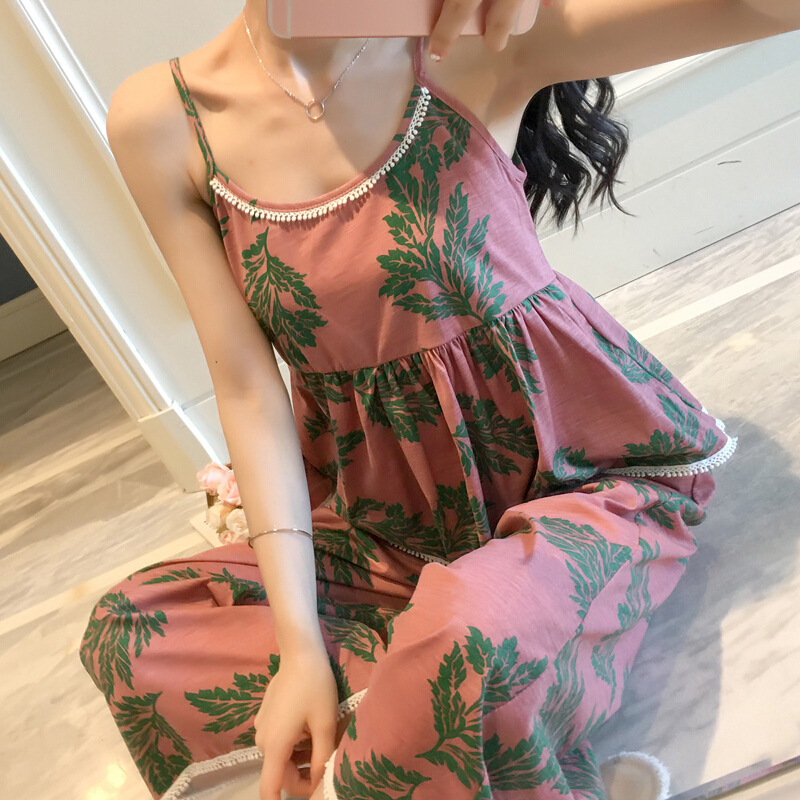 韩版睡衣夏季带长裤两件可清新夏天家居08001玉兰花带