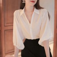 卡帝乐鳄鱼2021新款雪纺v领衬衫白色法式时尚高级感泡泡袖女上衣 白色 有暗纹 S 98斤以下
