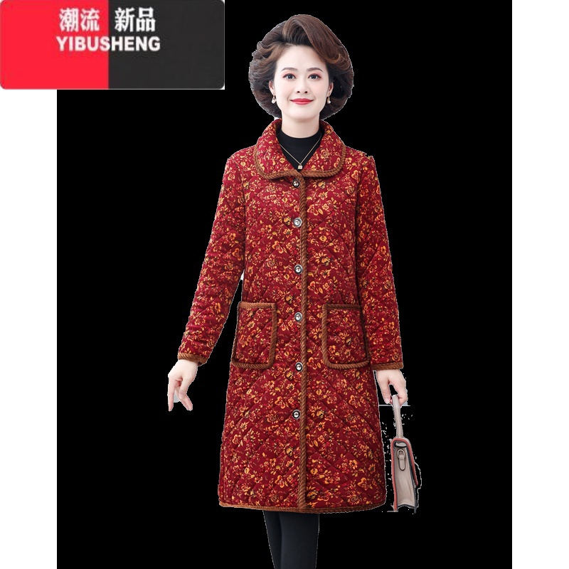 yibusheng妈妈装加绒中长款棉衣中老年女装花棉袄50岁保暖棉衣洋气