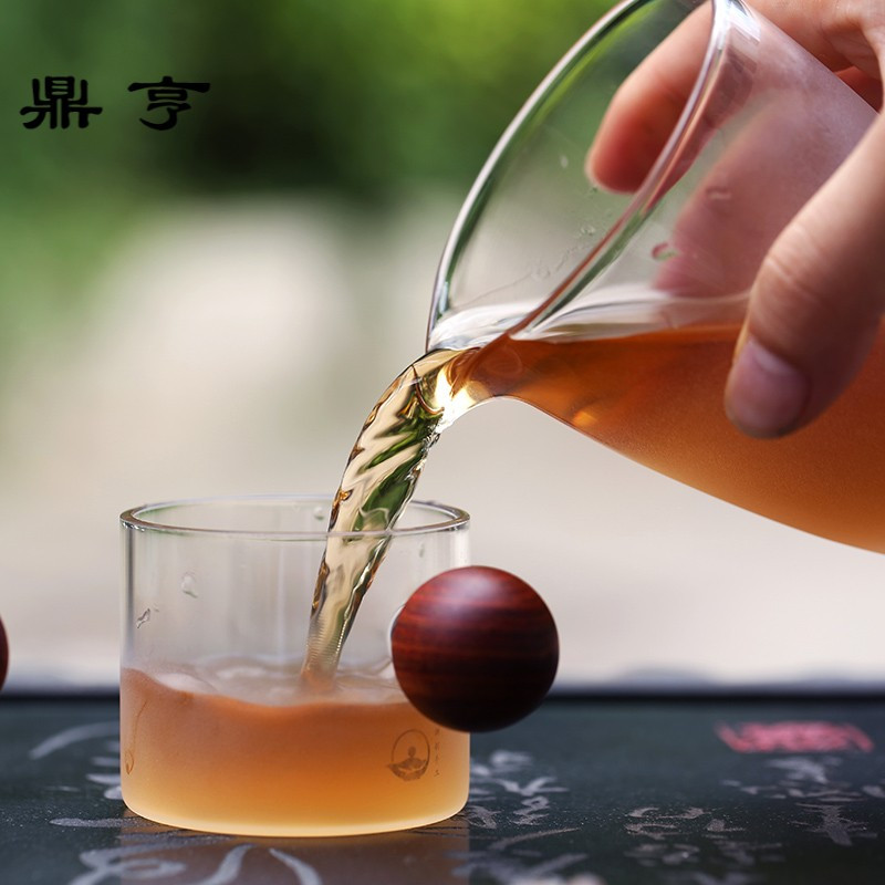 鼎亨手工耐热玻璃杯品茗杯半喷雾磨砂小茶杯圆月杯实木主人杯功夫