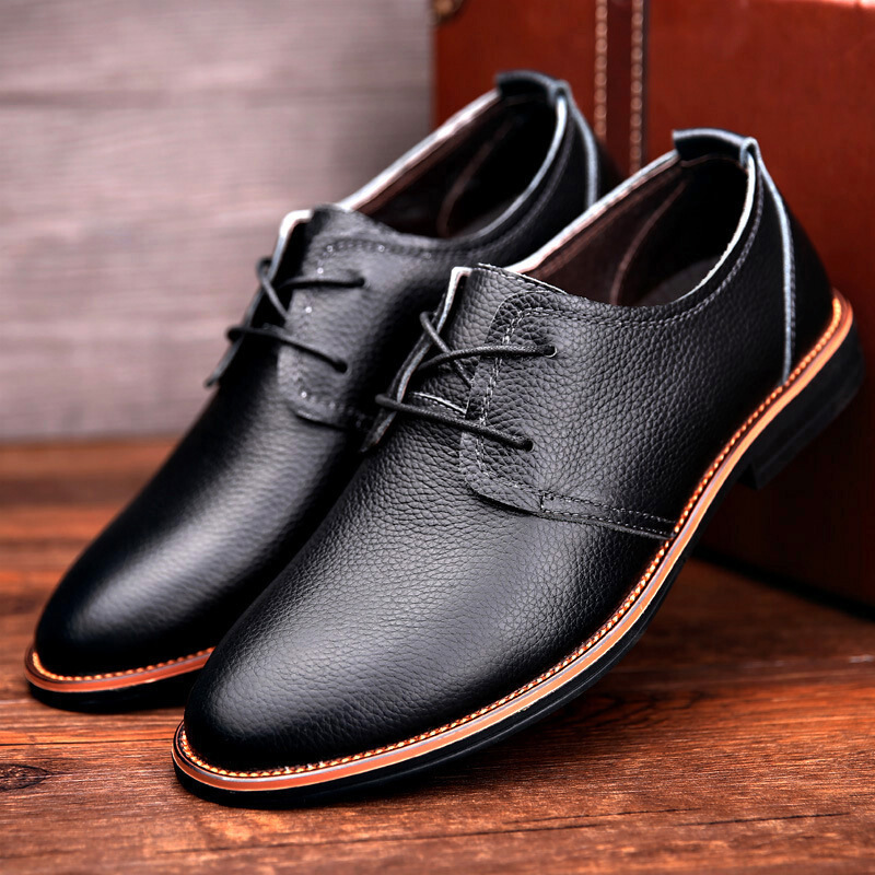 头层牛皮青年低帮系带休闲鞋男士圆头商务皮鞋日常百搭潮流3黑色38
