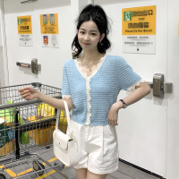 唐狮2024甜美撞色短袖T恤女夏季新款别致修身蓝色针织衫上衣小众x_5654 M 浅水蓝