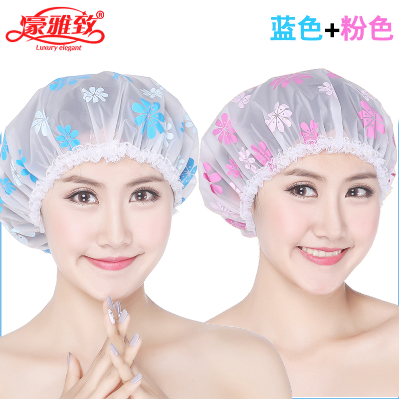 浴帽女洗澡成人加厚防水帽可爱发膜专用护理沐浴家用厨房防油烟帽 三维工匠 蓝色+粉色高清大图