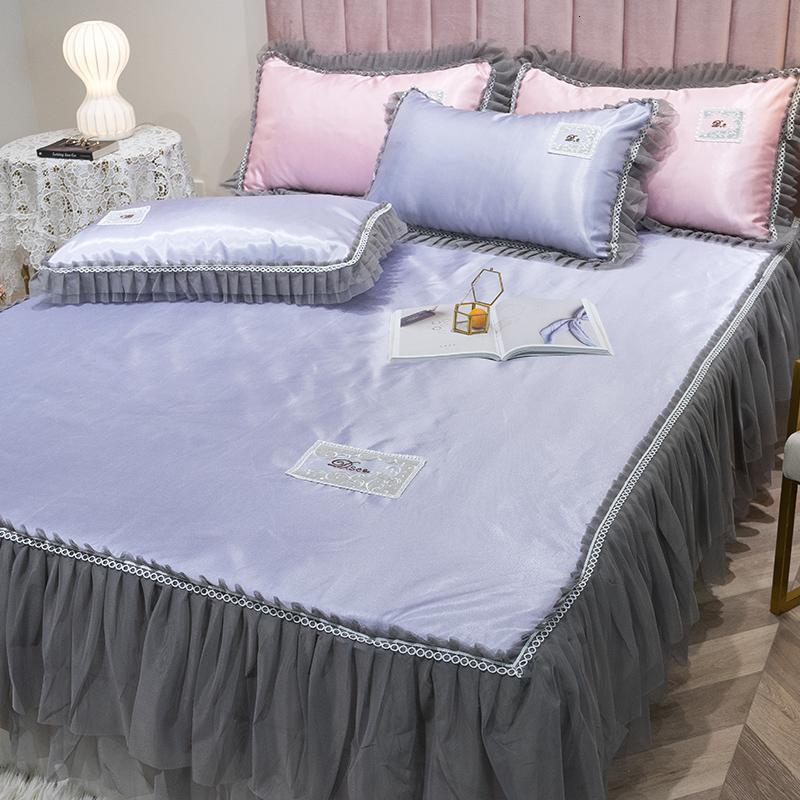 美帮汇床裙款冰丝凉席三件套夏季1.8m可水洗机洗折叠空调席1.5米2软席子 戴安娜-紫灰 1.2m（4英尺）床