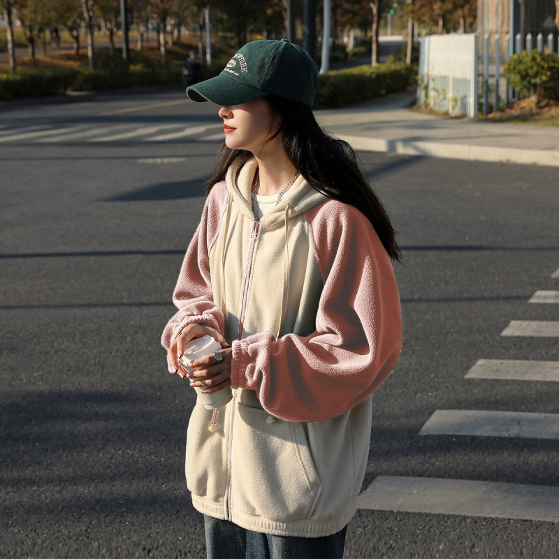 唐狮 秋冬季外套女新款韩版摇粒绒连帽袖子拼接开衫百搭潮