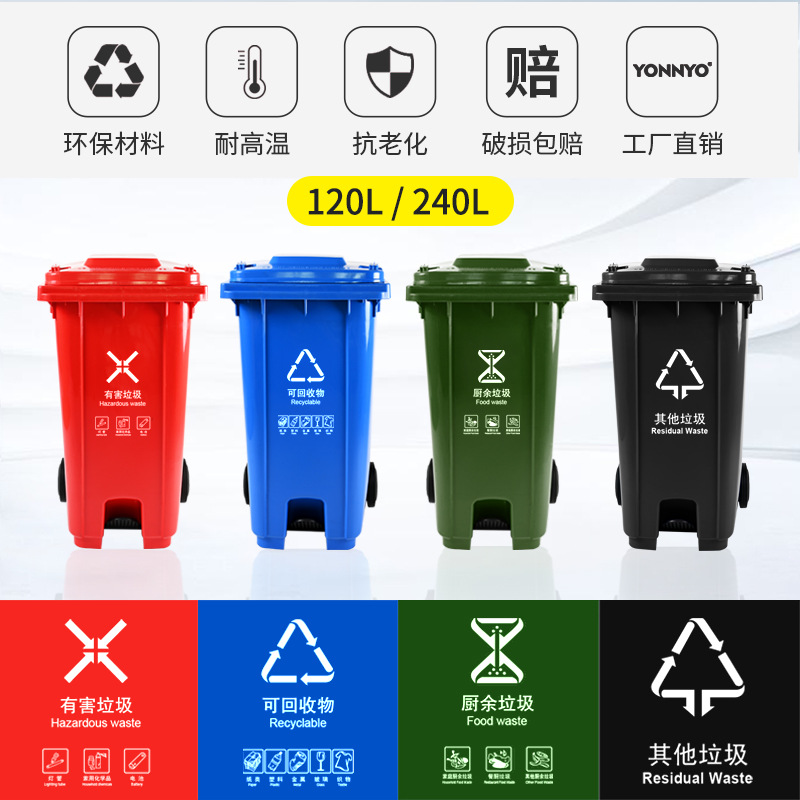北京分类塑料垃圾桶脚踏式四色分类街道社区垃圾桶 240L 脚踏桶(颜色备注)高清大图