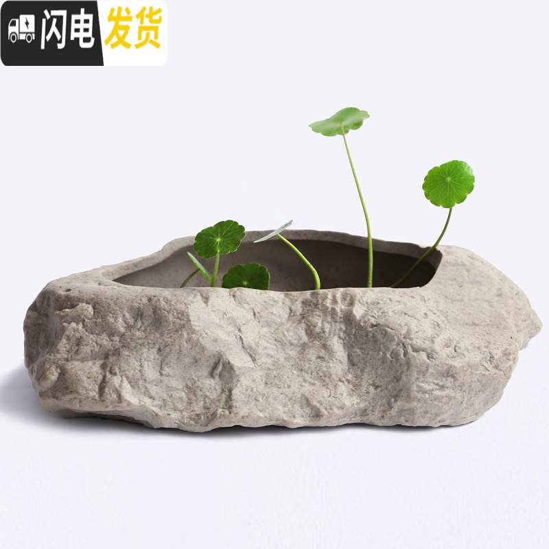 三维工匠铜钱水培水仙花盆仿石头盆景大号水养碗莲个性创意陶瓷无孔 F-石-2小 中等花盆容器