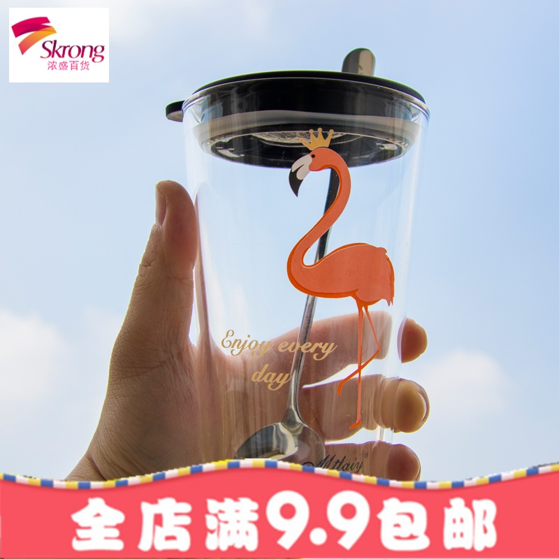 玻璃杯便携韩国简约清新火烈鸟网红杯子ins少女心可爱随手杯水杯