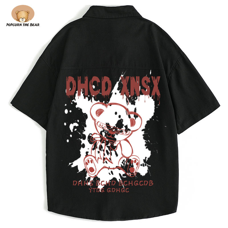 popcornthebear夏季薄款小熊涂鸦半截袖衬衫男vintage古着外套视频