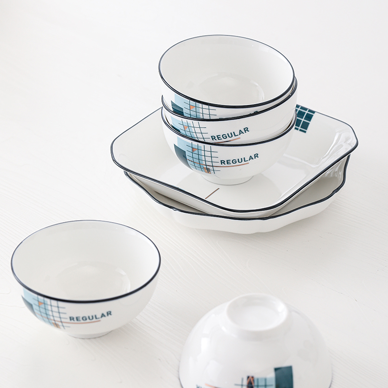 苏氏陶瓷(SUSHI CERAMICS)米饭碗 城市方格日韩小清新简约家用陶瓷碗6只装套装餐具
