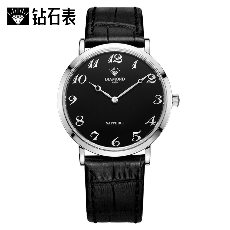 上海钻石牌(DIAMOND)手表男皮带石英表超薄休闲防水简约大表盘时尚男士手表b2200-3黑面黑皮
