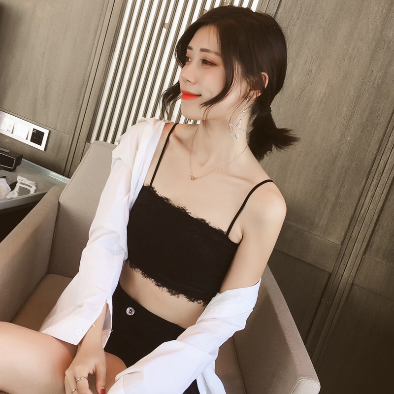 蕾丝拼冰丝带胸垫打底内衣细带裹胸抹胸短款带常规款78黑均