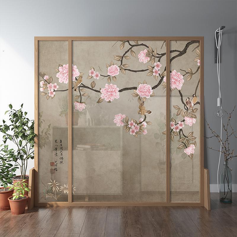 BONJEAN新中式屏风隔断客厅简约布艺玄关木质半透明时尚座屏茶室移动花鸟高清大图