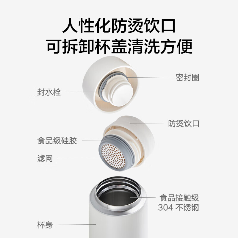美穗吉家 304不锈钢轻量随行保温杯(带茶隔)450ml 白色MIH-2405503 便携随行杯办公杯车载水杯高清大图