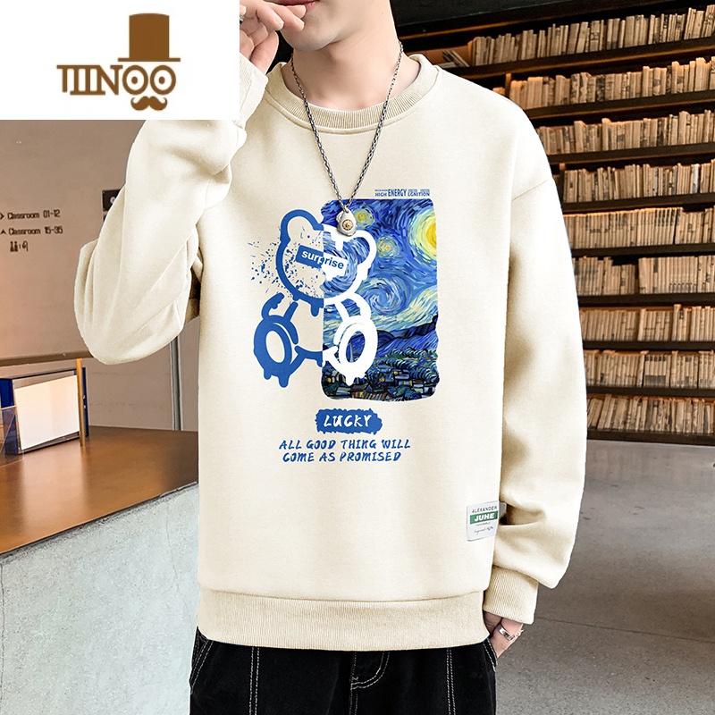 YANXU长袖T恤男休闲高街小熊印花宽松时尚潮搭男装设计感上衣服高清大图