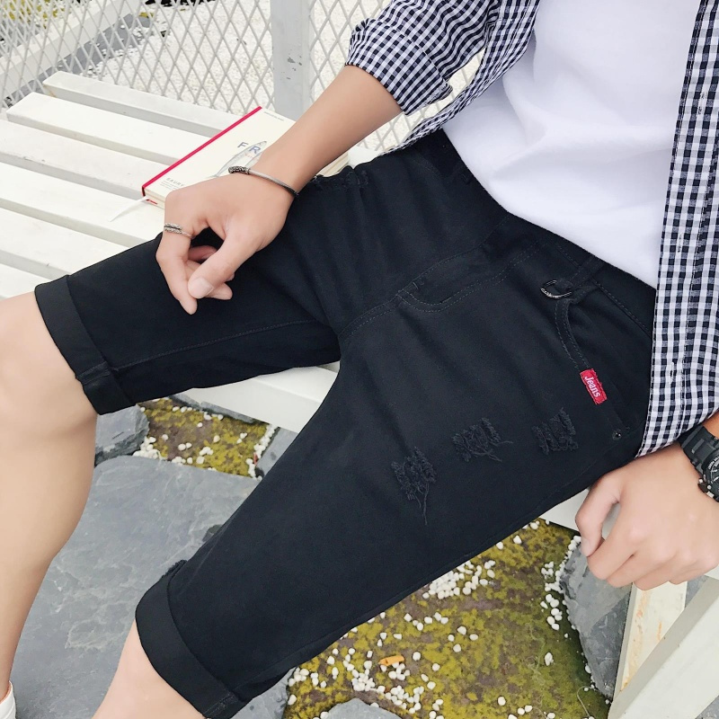 2018夏款新款男士修身休闲牛仔短裤弹力破洞五分牛仔裤潮男学生黑