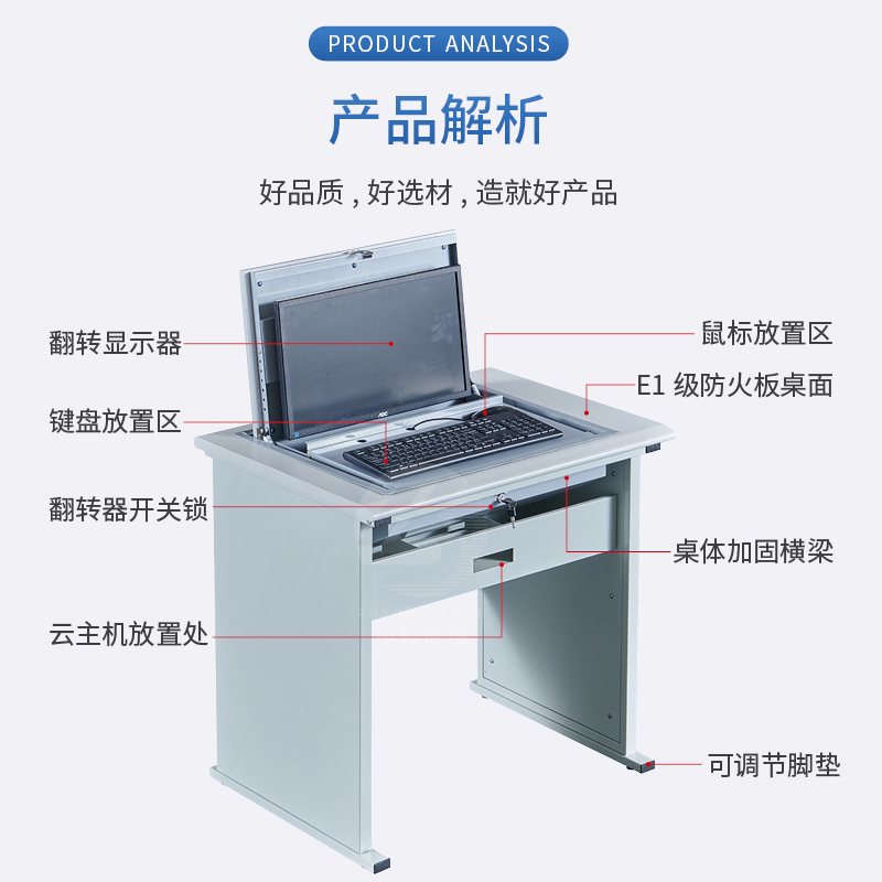 汉诺鑫威单人翻转电脑桌双人培训桌学校多媒体教室考试桌机房嵌入式学生桌T型云主机单人[不含显示屏]高清大图